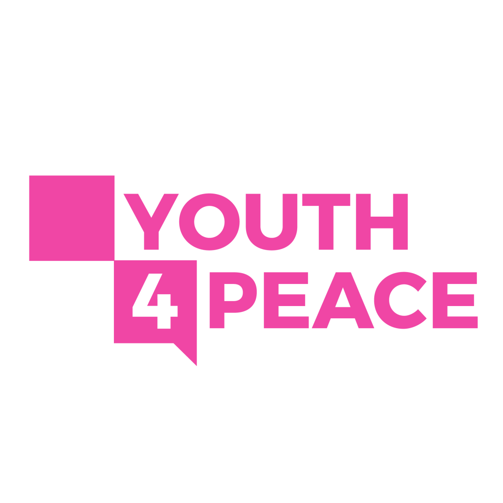 The image features a logo with the text "YOUTH 4 PEACE" in bold pink letters. The number "4" is enclosed in a speech bubble, and the design is set against a black background.